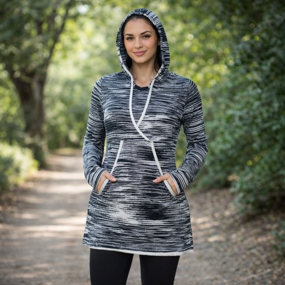 Athleta Hoodie Tunic Womens M Black White Cotton Rayon Knit Space Dye Pocket